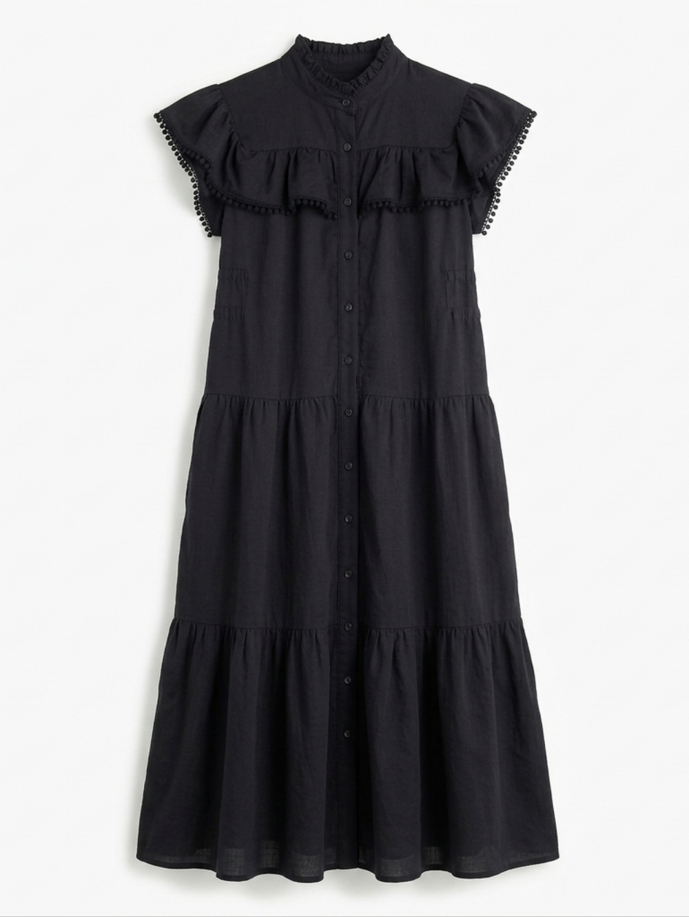 Sabina Musayev Black Gwen Tiered Pom Pom Ruffle Flutter Sleeve Maxi Dress Size S - Picture 2 of 6